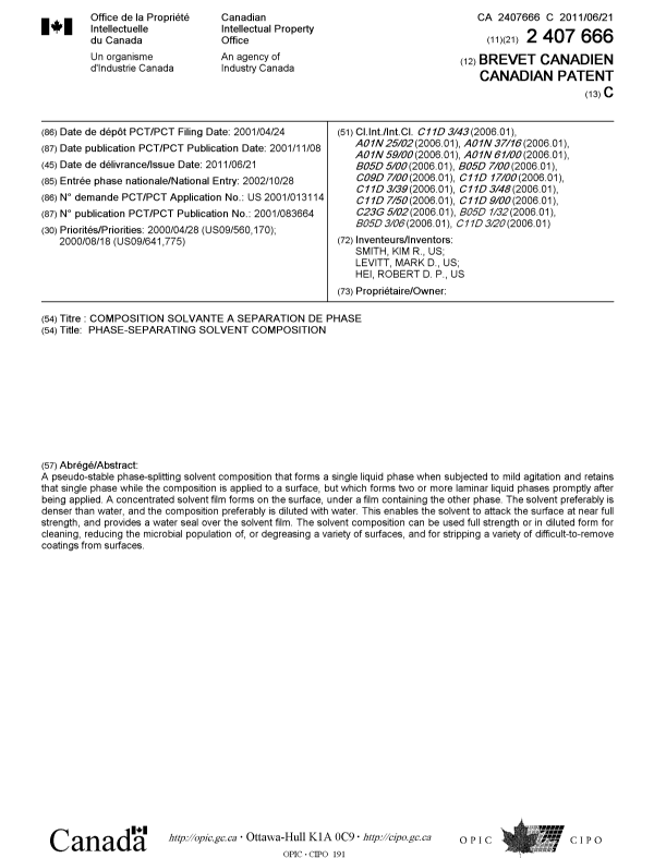 Document de brevet canadien 2407666. Page couverture 20110525. Image 1 de 2
