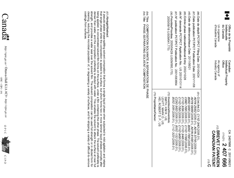 Document de brevet canadien 2407666. Page couverture 20110525. Image 1 de 2