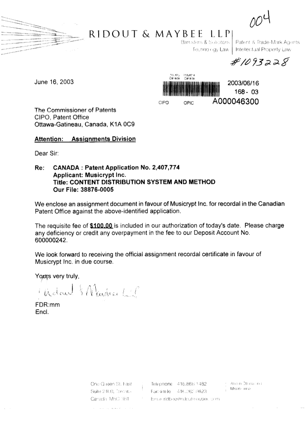 Document de brevet canadien 2407774. Cession 20030616. Image 1 de 4