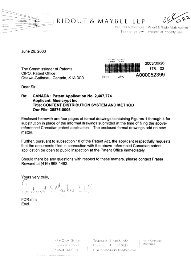 Document de brevet canadien 2407774. Correspondance 20030626. Image 1 de 1