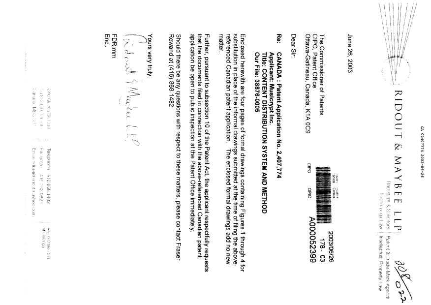 Canadian Patent Document 2407774. Prosecution-Amendment 20030626. Image 1 of 5