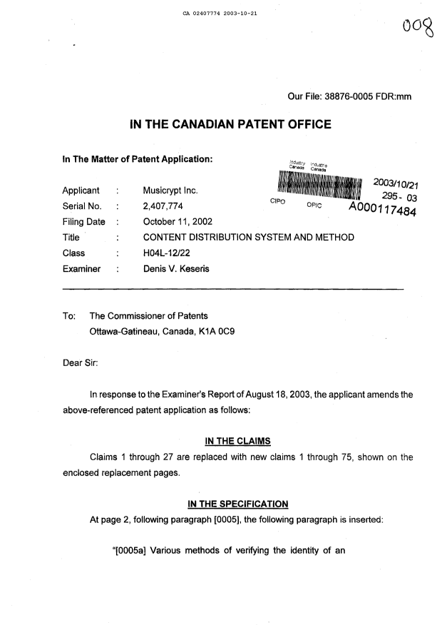 Document de brevet canadien 2407774. Poursuite-Amendment 20031021. Image 1 de 17