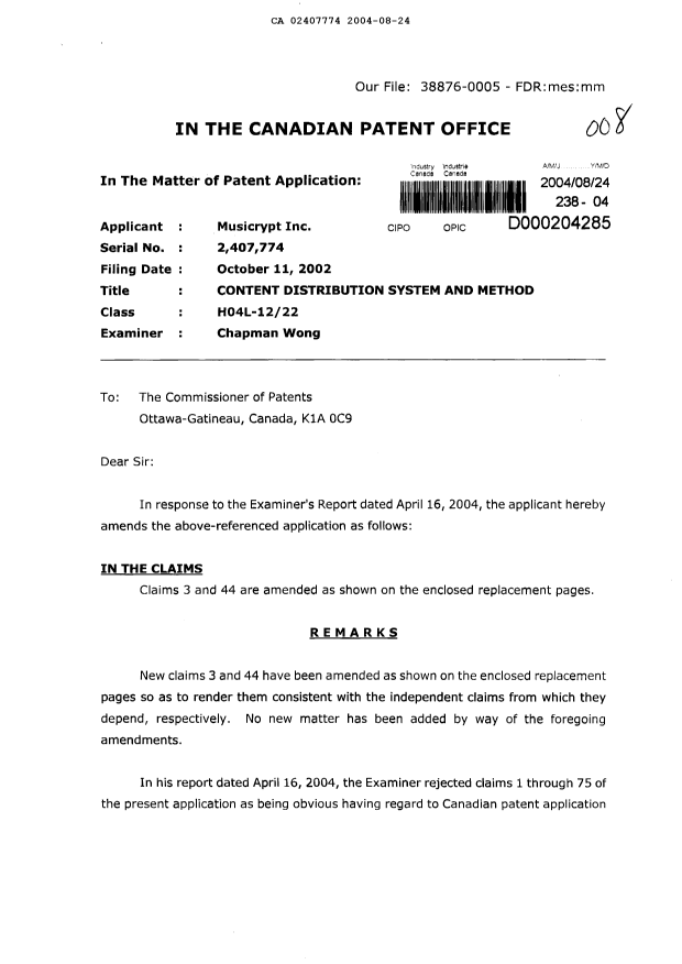 Canadian Patent Document 2407774. Prosecution-Amendment 20040824. Image 1 of 12