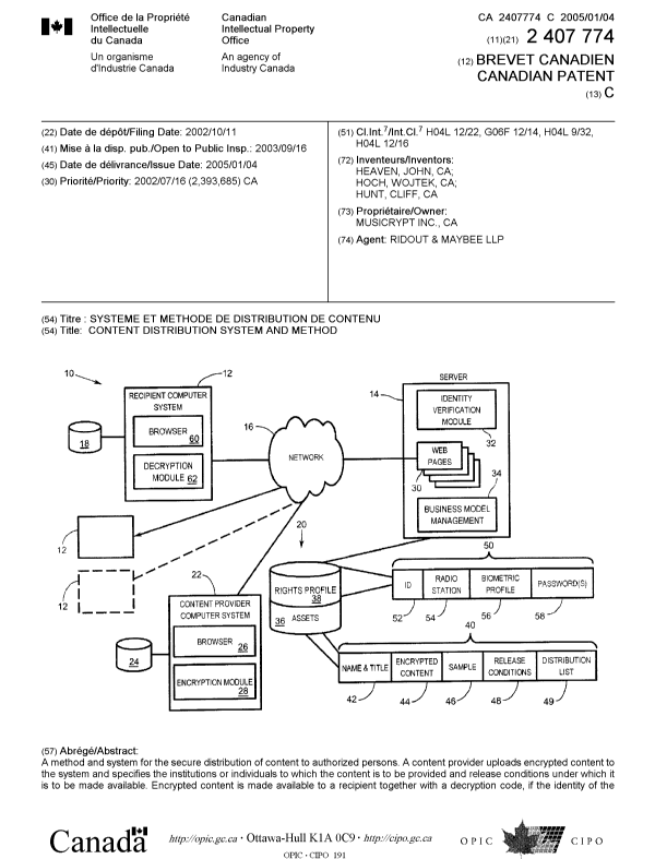 Document de brevet canadien 2407774. Page couverture 20041202. Image 1 de 2