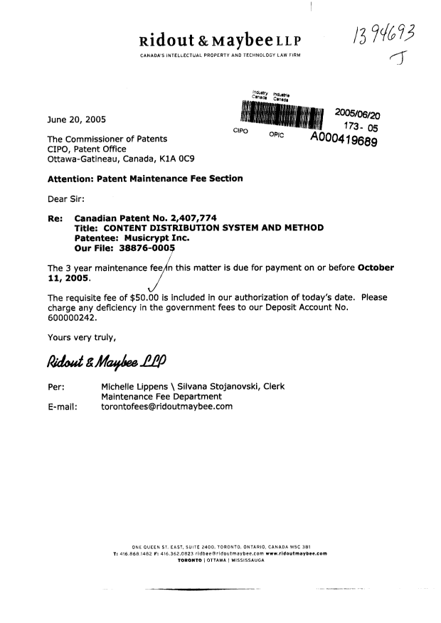 Document de brevet canadien 2407774. Taxes 20050620. Image 1 de 1