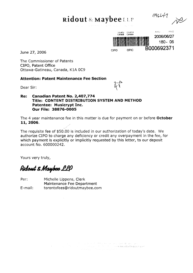 Document de brevet canadien 2407774. Taxes 20060627. Image 1 de 1