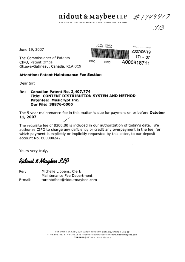 Document de brevet canadien 2407774. Taxes 20070619. Image 1 de 1