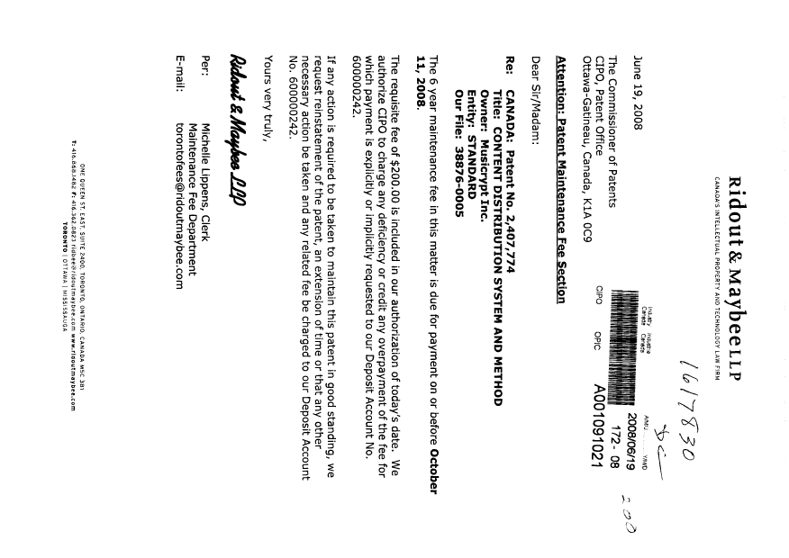 Canadian Patent Document 2407774. Fees 20080619. Image 1 of 1
