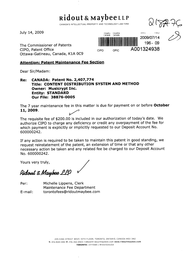 Document de brevet canadien 2407774. Taxes 20090714. Image 1 de 1