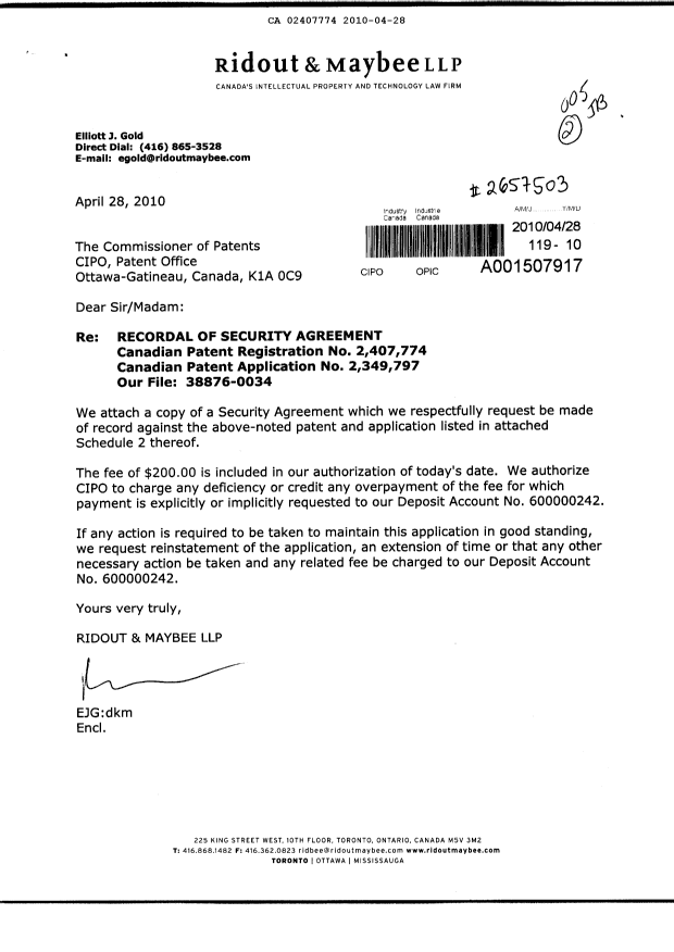 Document de brevet canadien 2407774. Cession 20100428. Image 1 de 26