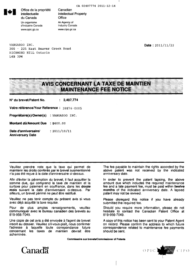Document de brevet canadien 2407774. Correspondance 20111214. Image 1 de 4