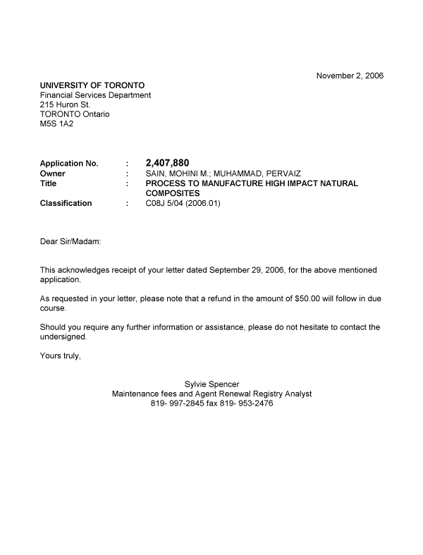Document de brevet canadien 2407880. Correspondance 20051202. Image 1 de 1