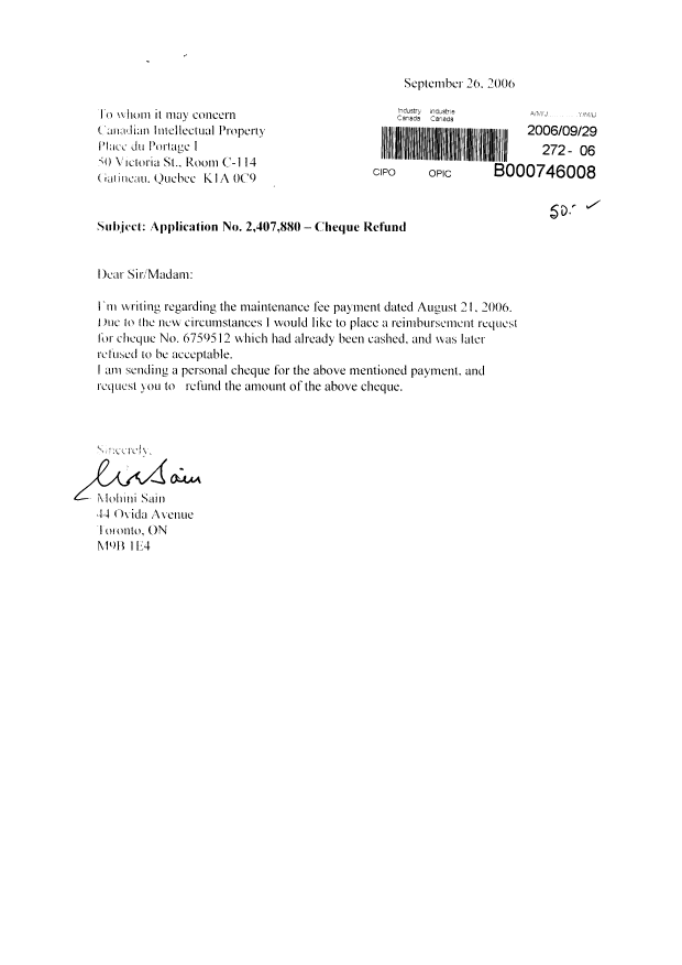 Canadian Patent Document 2407880. Correspondence 20060929. Image 1 of 1