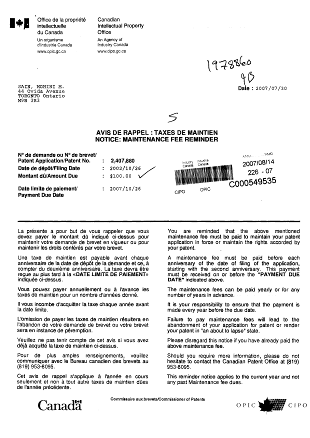 Canadian Patent Document 2407880. Fees 20070814. Image 1 of 1