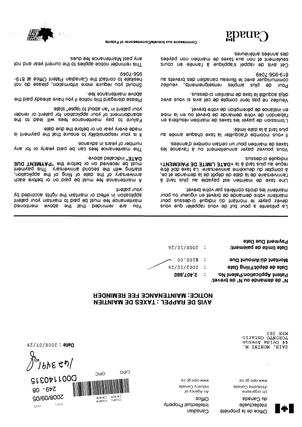 Document de brevet canadien 2407880. Taxes 20071205. Image 1 de 1