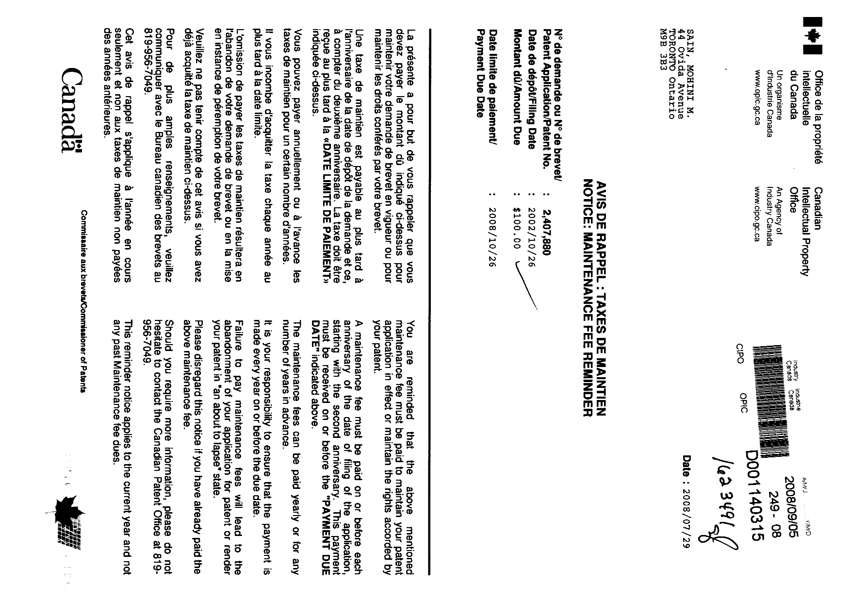 Document de brevet canadien 2407880. Taxes 20071205. Image 1 de 1