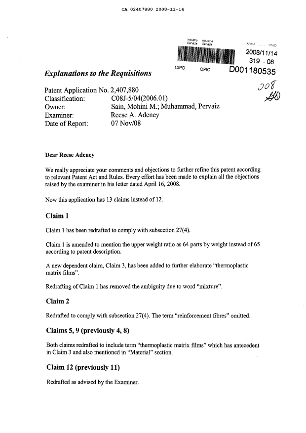 Document de brevet canadien 2407880. Poursuite-Amendment 20071214. Image 1 de 25