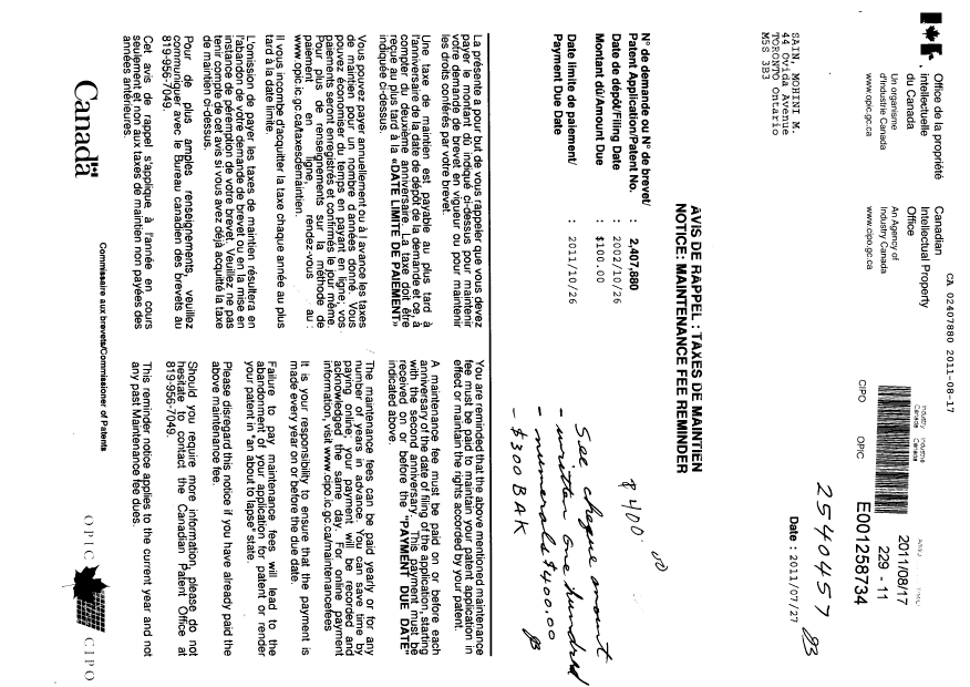 Document de brevet canadien 2407880. Taxes 20110817. Image 1 de 2