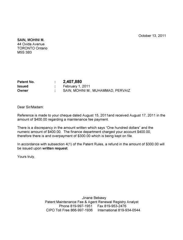 Canadian Patent Document 2407880. Correspondence 20111013. Image 1 of 1