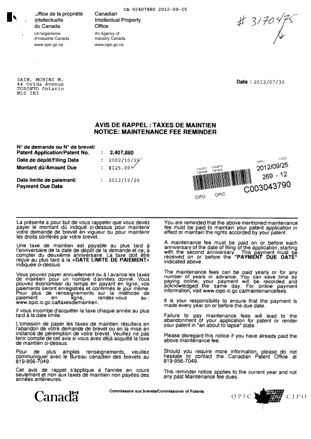 Canadian Patent Document 2407880. Fees 20120925. Image 1 of 2