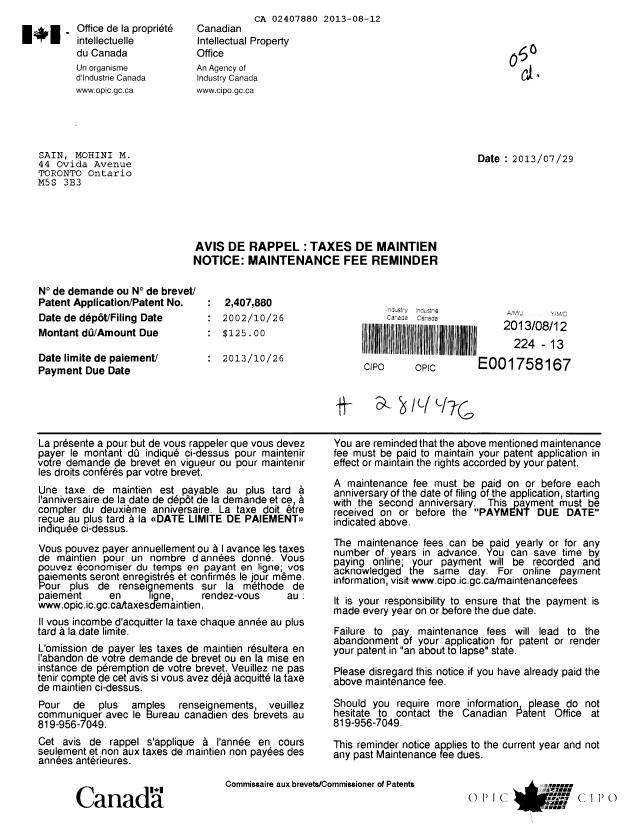 Canadian Patent Document 2407880. Fees 20130812. Image 1 of 1