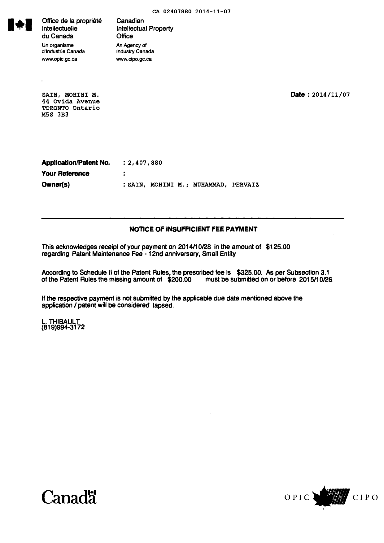 Document de brevet canadien 2407880. Correspondance 20141107. Image 1 de 1