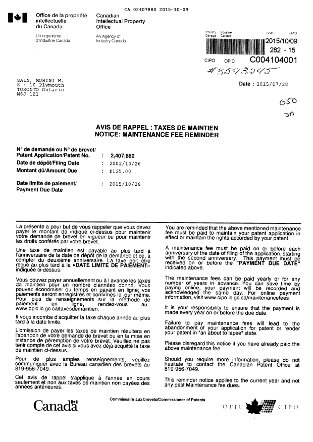 Canadian Patent Document 2407880. Maintenance Fee Payment 20151009. Image 1 of 1
