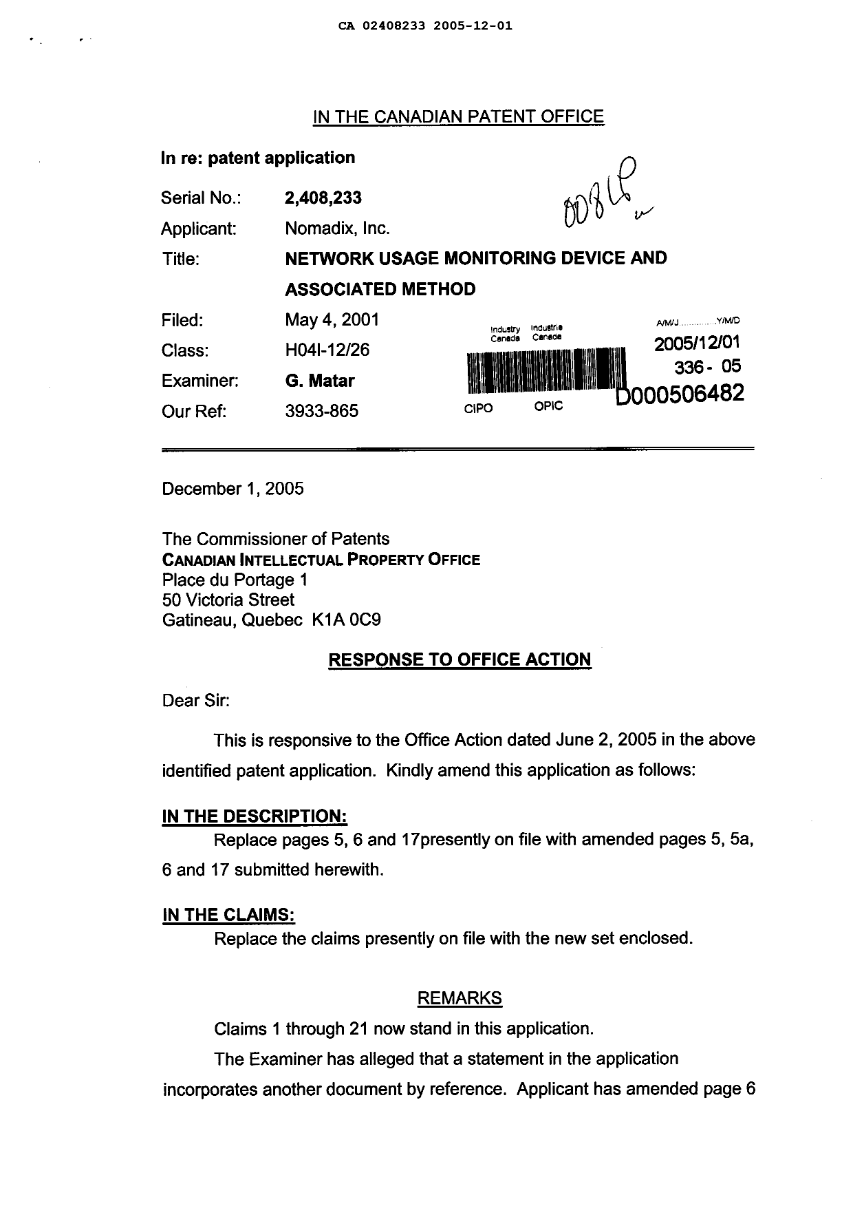 Canadian Patent Document 2408233. Prosecution-Amendment 20051201. Image 1 of 9