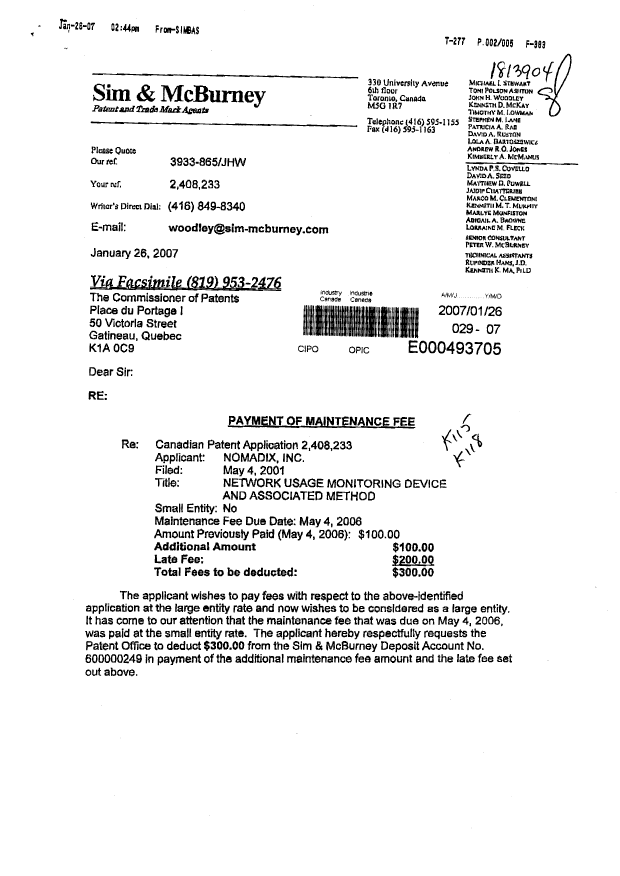 Document de brevet canadien 2408233. Taxes 20070126. Image 1 de 3