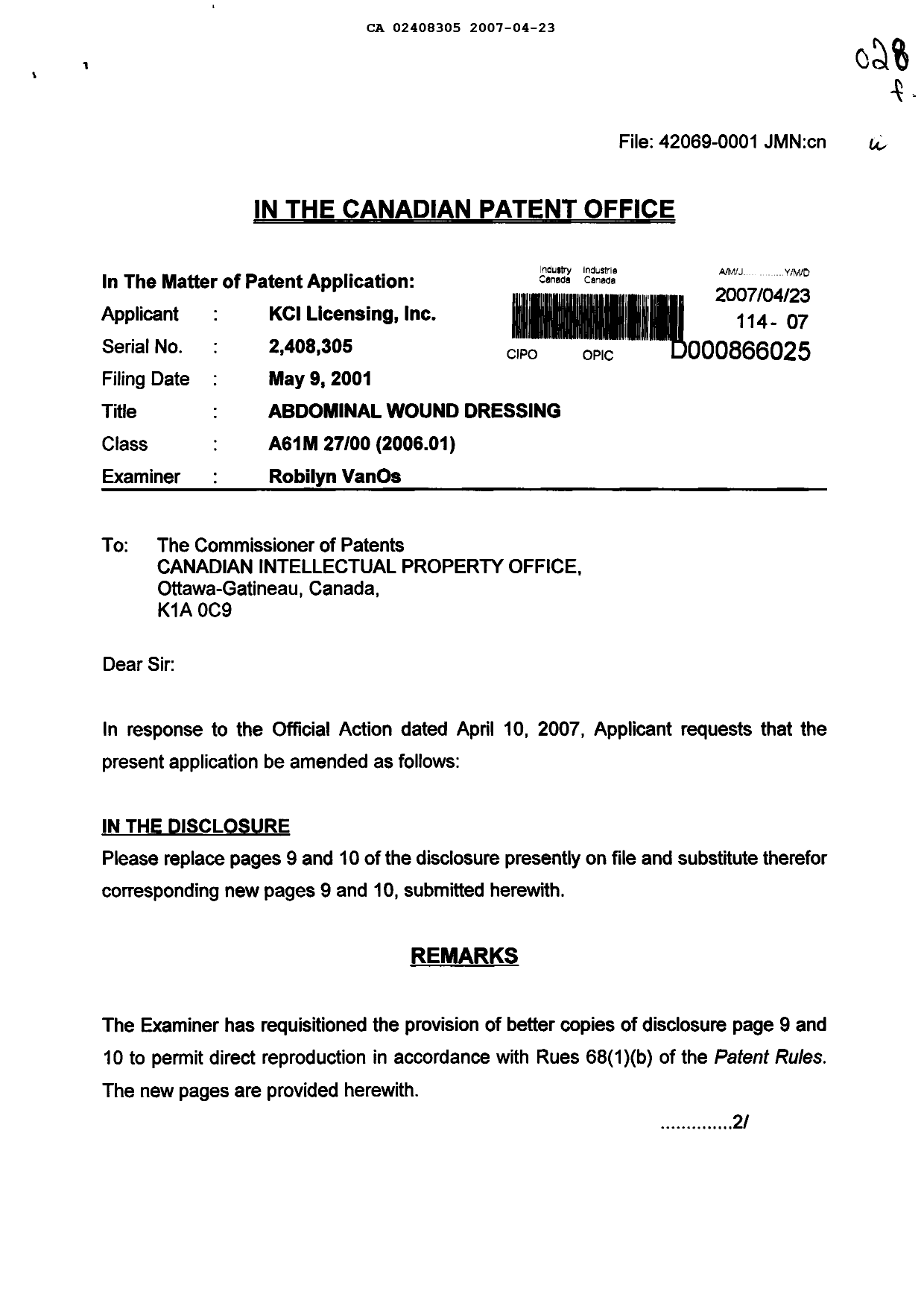 Document de brevet canadien 2408305. Correspondance 20061223. Image 1 de 4