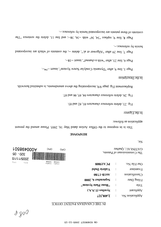 Canadian Patent Document 2408327. Prosecution-Amendment 20051115. Image 1 of 13