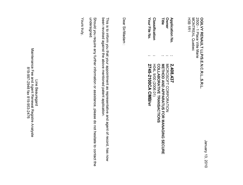 Document de brevet canadien 2408437. Correspondance 20100113. Image 1 de 1