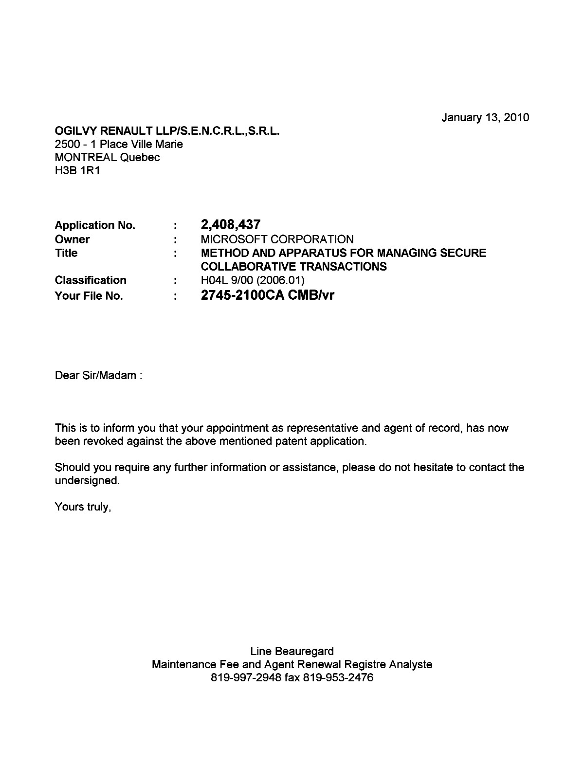 Document de brevet canadien 2408437. Correspondance 20100113. Image 1 de 1