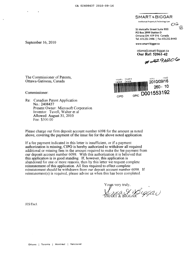 Document de brevet canadien 2408437. Correspondance 20100916. Image 1 de 1