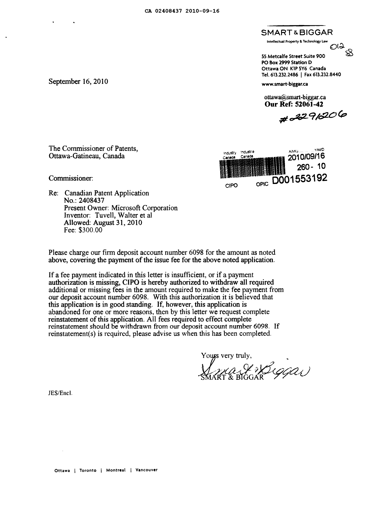 Document de brevet canadien 2408437. Correspondance 20100916. Image 1 de 1