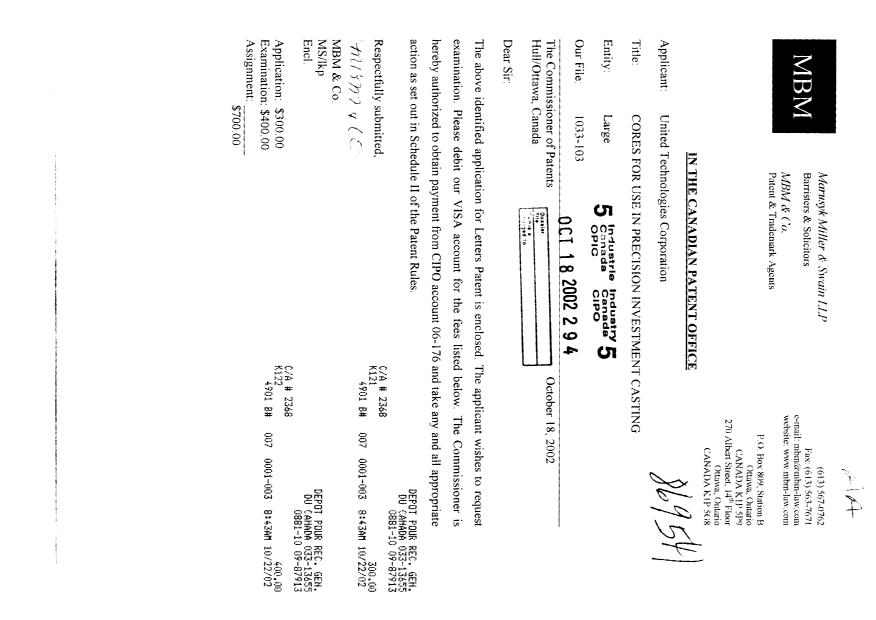 Document de brevet canadien 2408815. Cession 20021018. Image 1 de 2