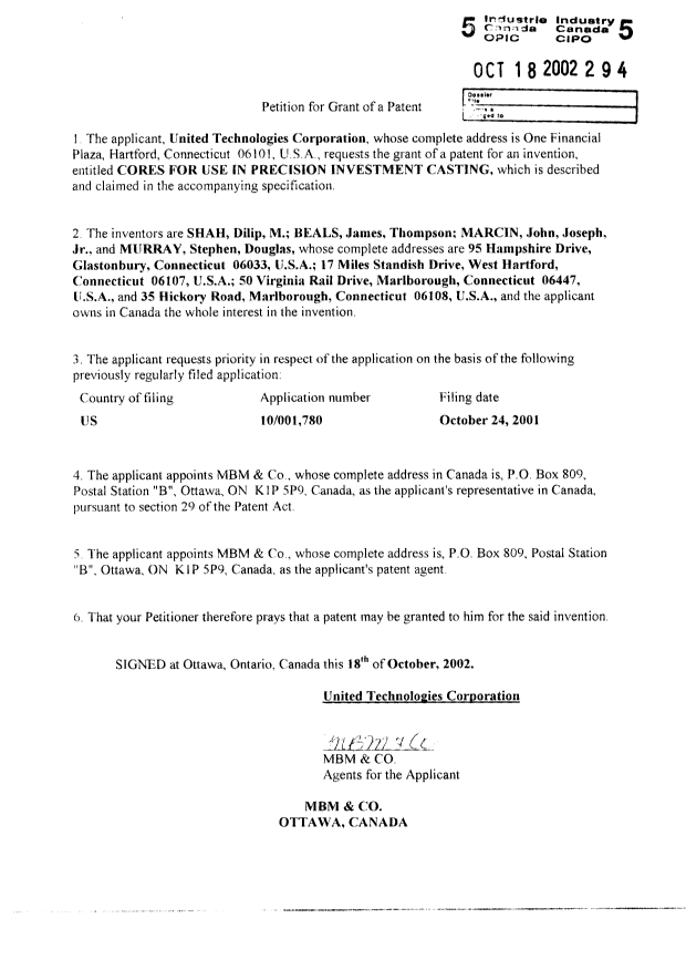 Document de brevet canadien 2408815. Cession 20021018. Image 2 de 2