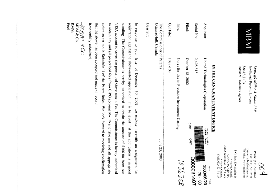 Document de brevet canadien 2408815. Cession 20030623. Image 1 de 6