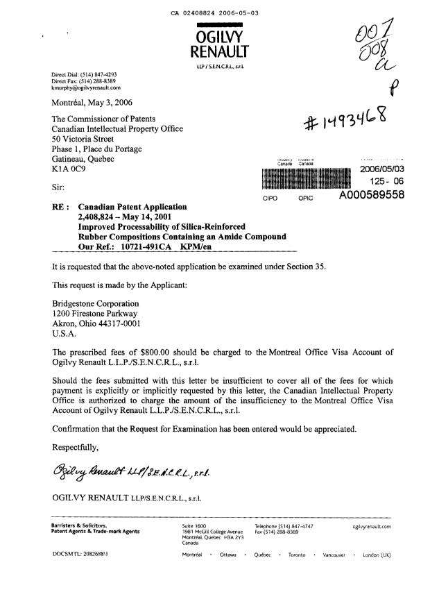 Canadian Patent Document 2408824. Prosecution-Amendment 20060503. Image 1 of 4