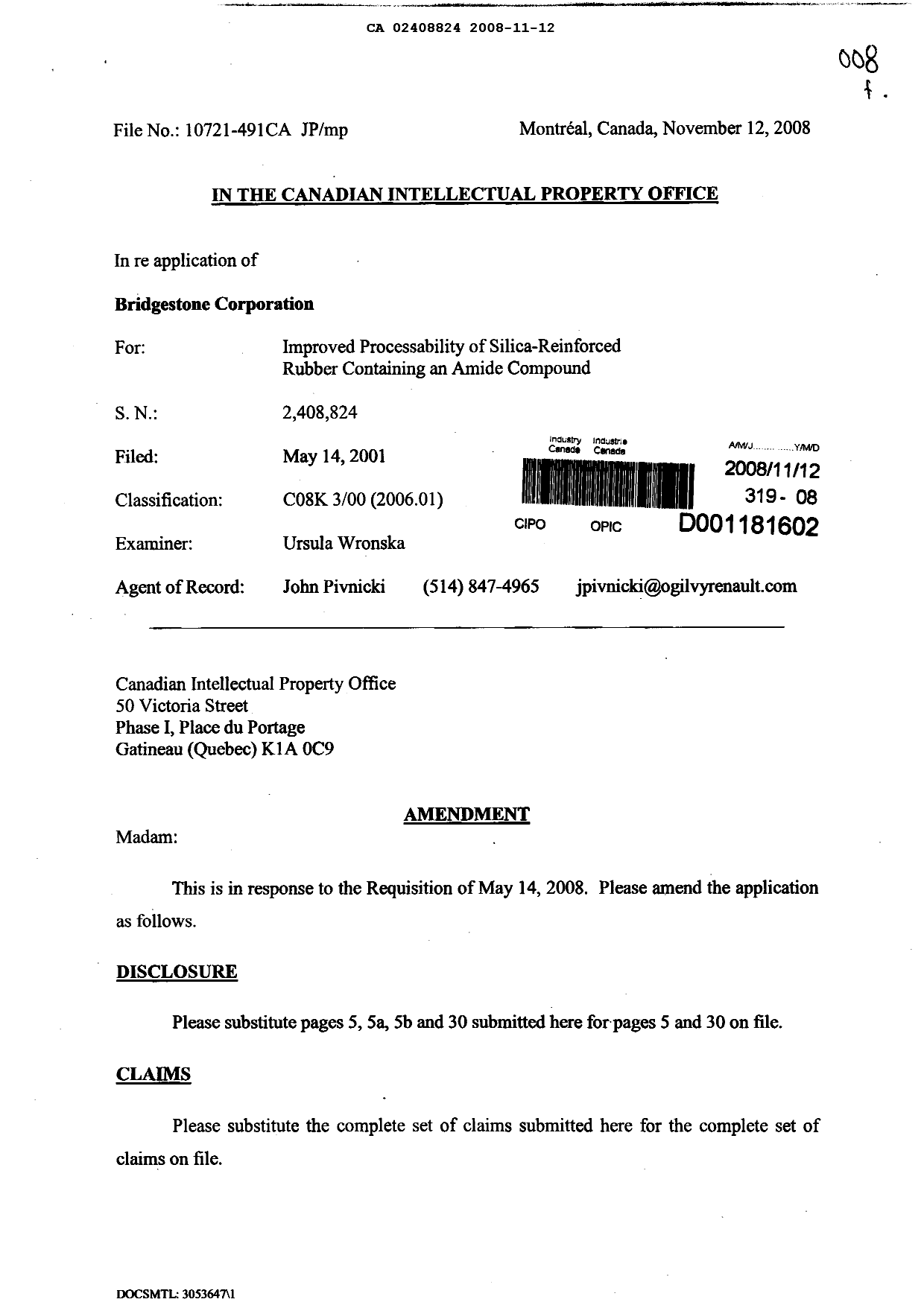 Canadian Patent Document 2408824. Prosecution-Amendment 20081112. Image 1 of 10