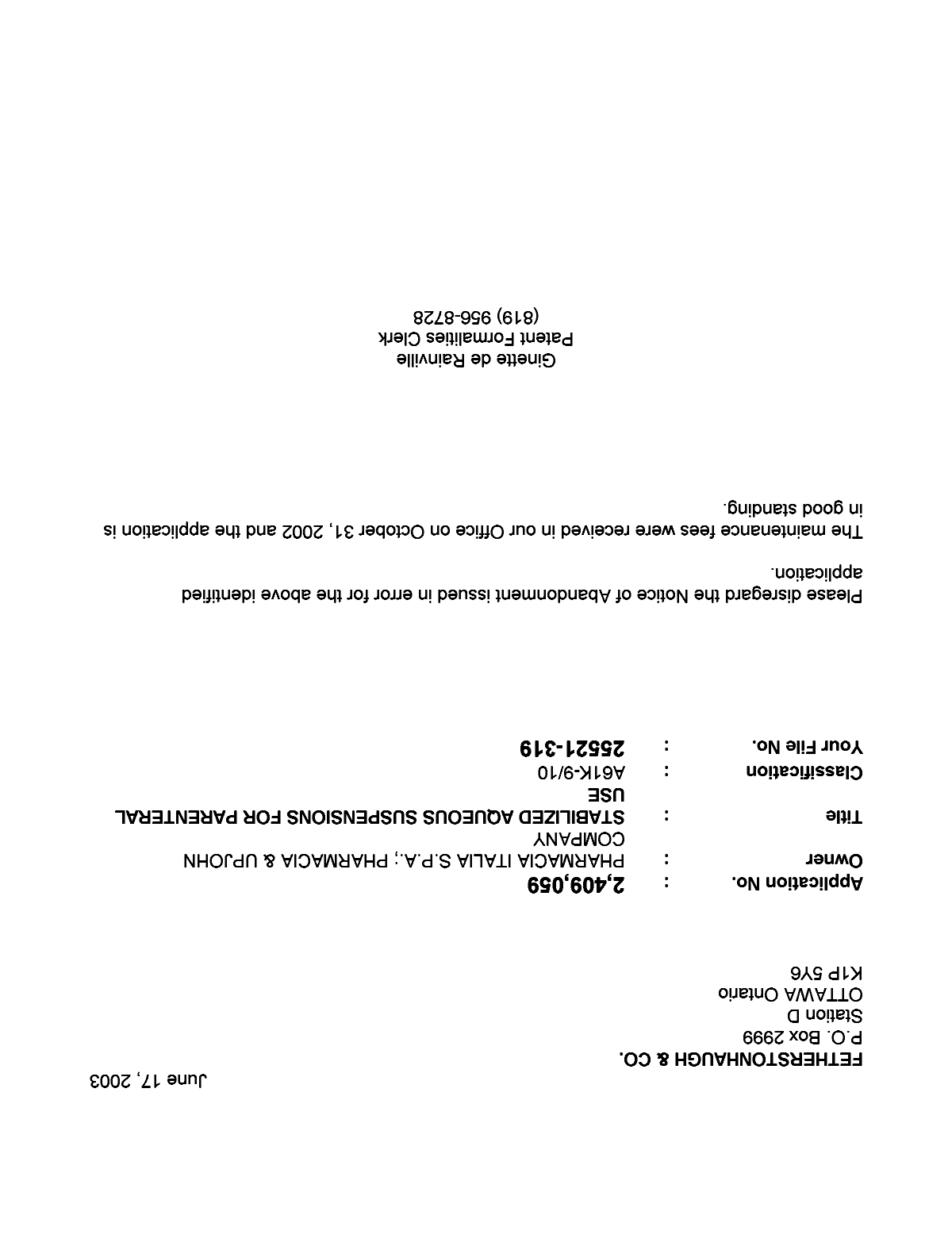Document de brevet canadien 2409059. Correspondance 20021210. Image 1 de 1