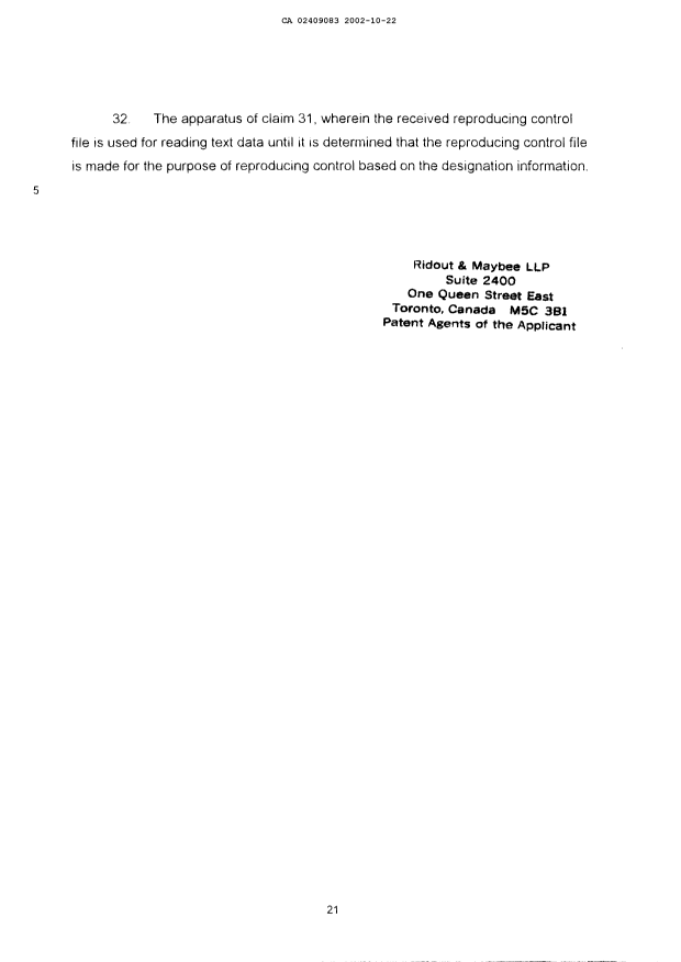 Document de brevet canadien 2409083. Revendications 20021022. Image 6 de 6