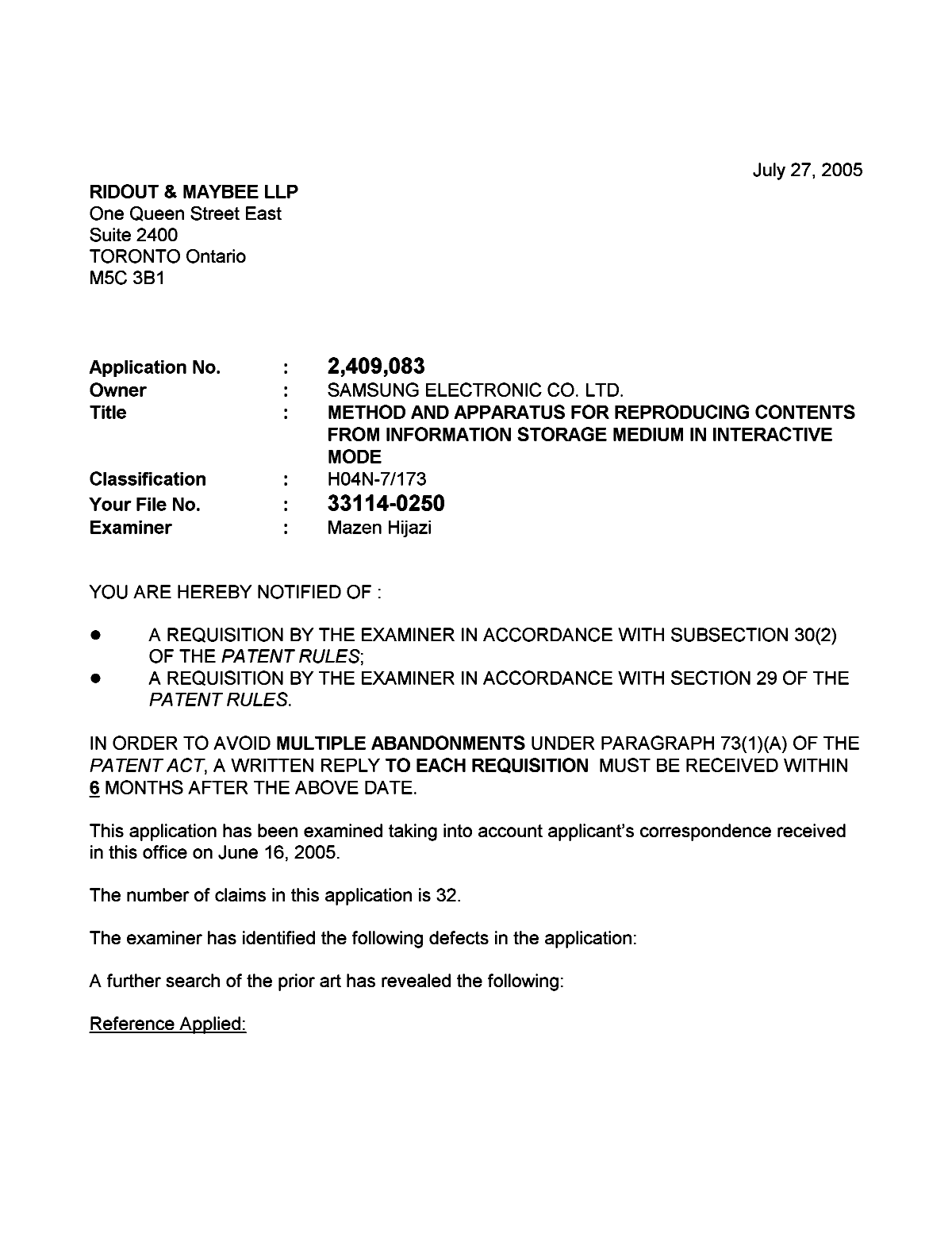 Document de brevet canadien 2409083. Poursuite-Amendment 20050727. Image 1 de 3