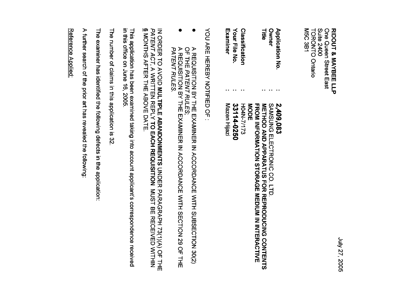 Canadian Patent Document 2409083. Prosecution-Amendment 20050727. Image 1 of 3