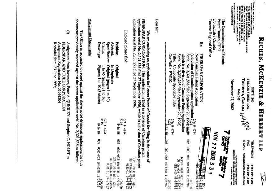 Document de brevet canadien 2409304. Cession 20021127. Image 1 de 5