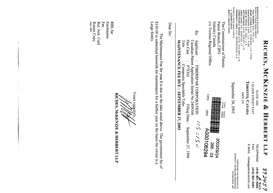 Document de brevet canadien 2409304. Taxes 20030924. Image 1 de 1