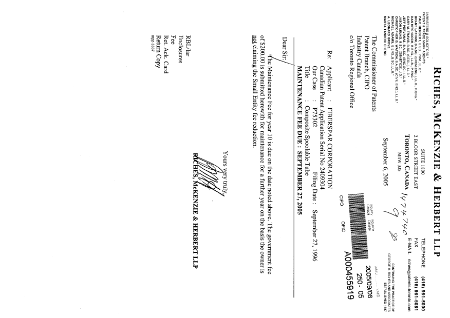 Document de brevet canadien 2409304. Taxes 20050906. Image 1 de 1