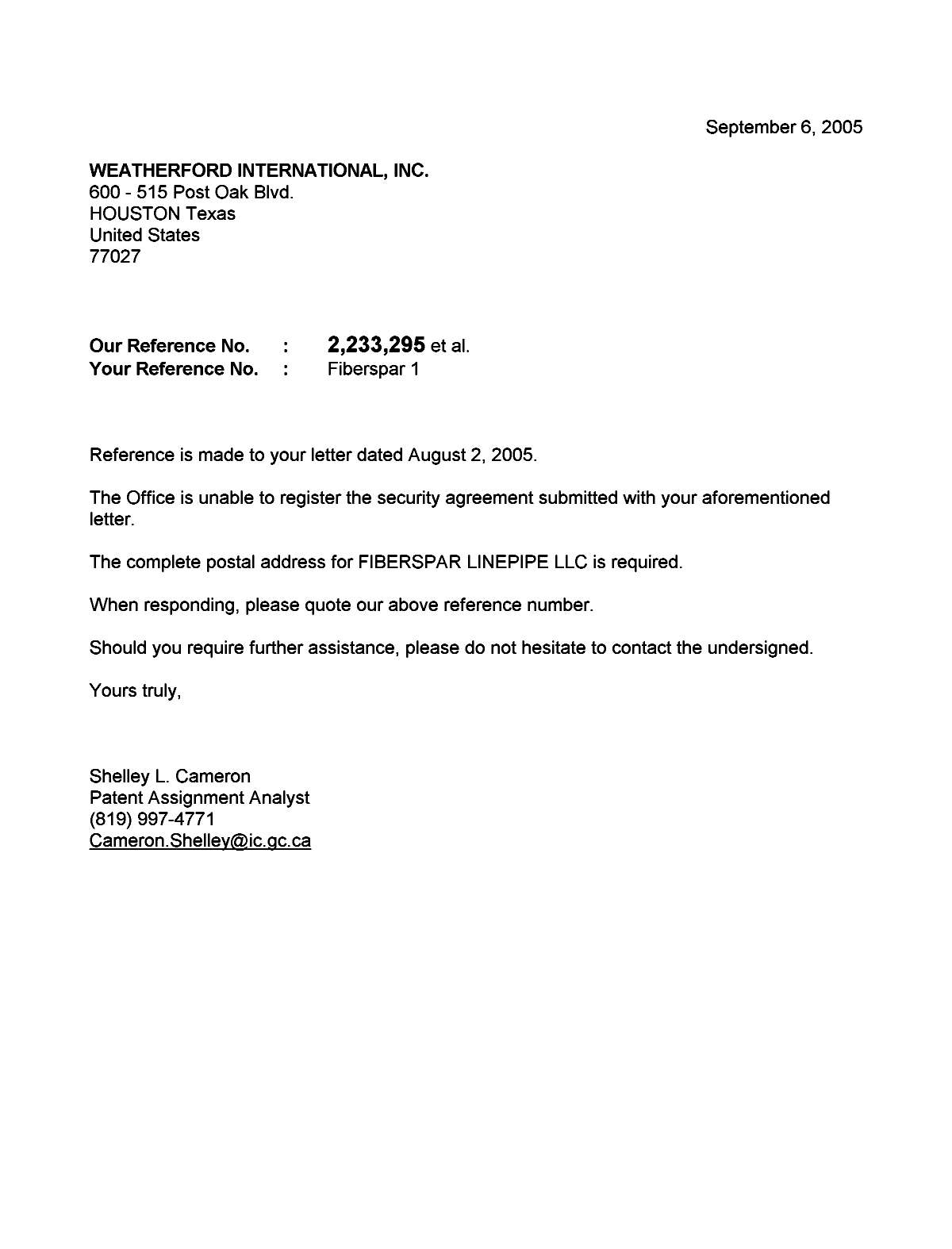 Document de brevet canadien 2409304. Correspondance 20050906. Image 1 de 1