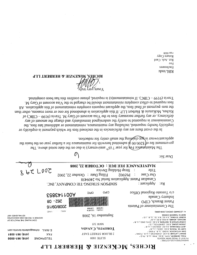 Canadian Patent Document 2409458. Fees 20080916. Image 1 of 1