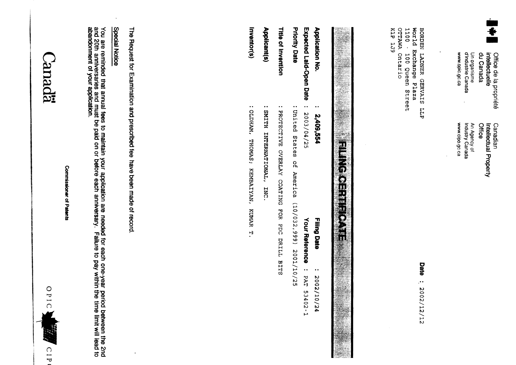 Canadian Patent Document 2409554. Correspondence 20011220. Image 2 of 2